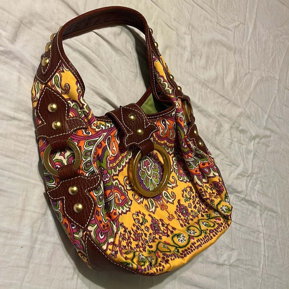 Isabella Fiore Cheerful Fabric and Leather Brass Studded Baguette Shoulder Bag - Picture 10 of 16